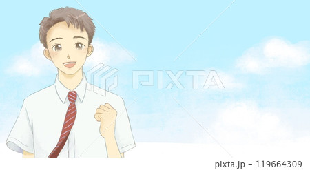 制服を着た男の子と青空のイラスト　ガッツポーズ 119664309