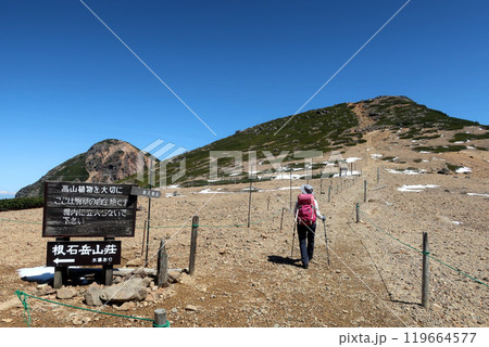 八ヶ岳の根石岳山荘前を歩く登山者と根石岳と天狗岳 119664577