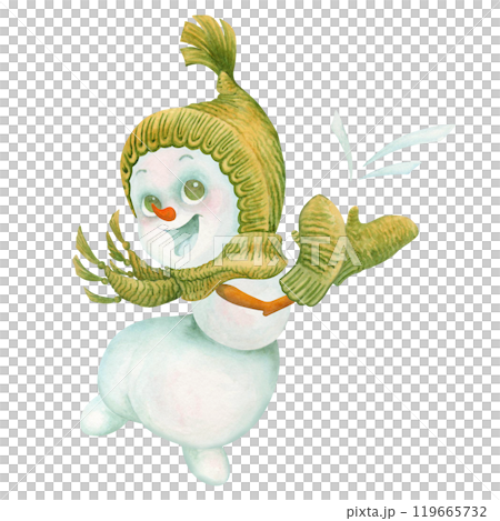 Christmas or New Year celebration concept. Cute character snowman child joyfully dances jumping on one leg and clapping his hands. Watercolor isolated illustration for winter holiday prints and design Christmas or New Year celebration concept. Cute character snowman child joyfully dances jumping on one leg and clapping his hands. Watercolor isolated illustration for winter holiday prints and design 119665732