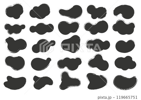 Brush abstract stains, paint shapes set with grunge texture. Round black ink splashes. Irregular organic blobs. Oval liquid rough graphic elements. Doodle blot blocks 119665751