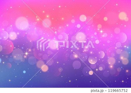 Cute purple abstract background with glitter and stars. Dreamy pastel purple fantasy sky with sparkles. Unicorn magic wavy bg. Glowing galaxy with holographic gradient. Vector illustration 119665752