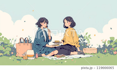 ピクニックでランチを食べる若い女性 119666065