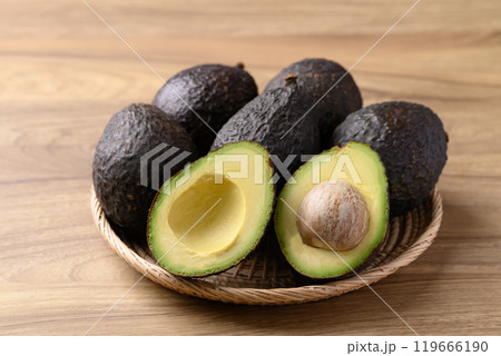 Ripe Hass avocado fruit in basket on wooden background 119666190