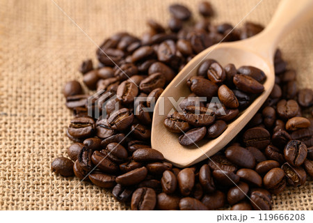 Roasted coffee bean (Arabica coffee) in wooden scoop 119666208