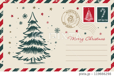 Christmas mail, postcard, hand drawn illustration. Christmas mail, postcard, hand drawn illustration. 119666298