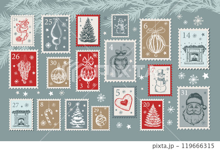 Advent calendar, Christmas Stamps, mail, postcard hand drawn illustrations.	 119666315