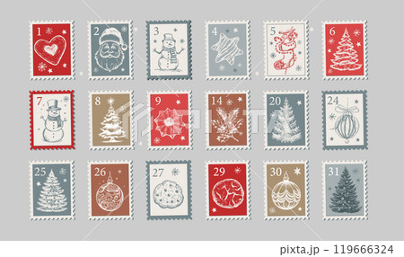 Advent calendar, Christmas Stamps, mail, postcard hand drawn illustrations.	 119666324