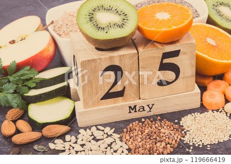 May 25 on cube calendar and best food for healthy thyroid. World Thyroid Day 119666419