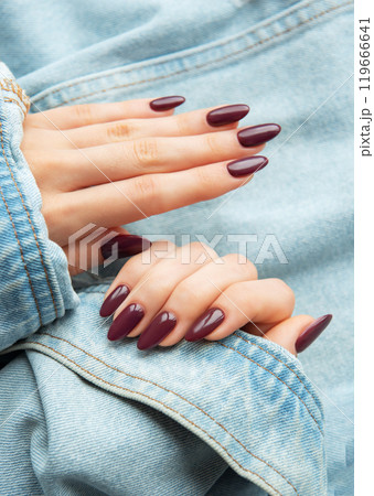 A close-up of elegantly manicured hands showcasing deep burgundy nail polish  119666641