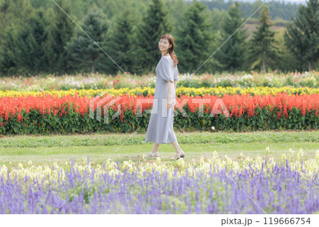 花畑を散歩するj女性 119666754