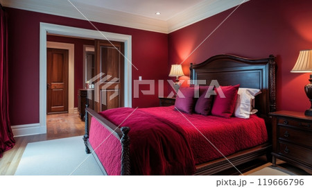 Elegant Red Bedroom Interior with Classic...のイラスト素材 