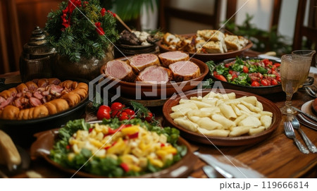 Festive Holiday Feast with Roast, Ham, and Traditional Sides 119666814