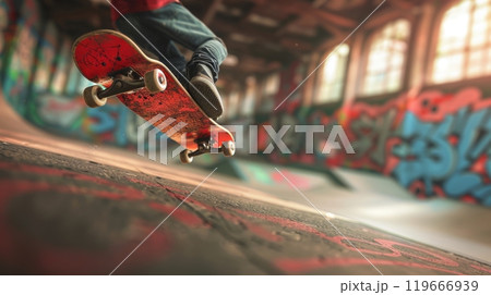 Skateboarder performing an airborne trick in an indoor skatepark with graffiti walls. Skateboarder performing an airborne trick in an indoor skatepark with graffiti walls. 119666939