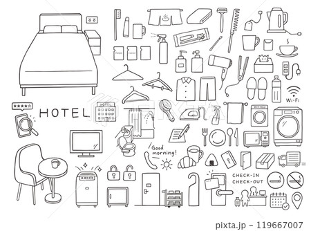 ホテルのアメニティや設備などの手描きイラストセット（モノクロ） 119667007