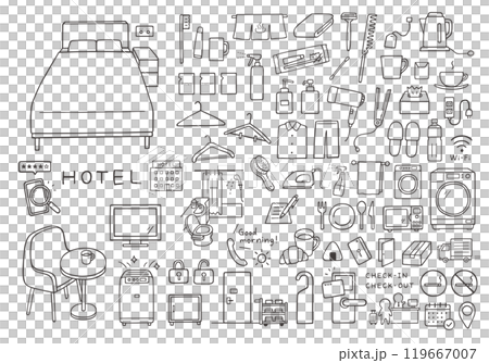 ホテルのアメニティや設備などの手描きイラストセット（モノクロ） 119667007