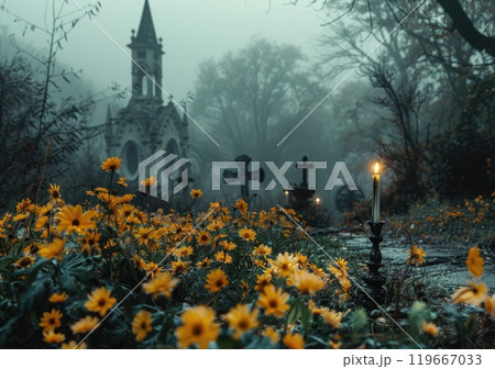 All Souls' Day. Foggy cemetery with chapel and yellow flowers in bloom. 119667033