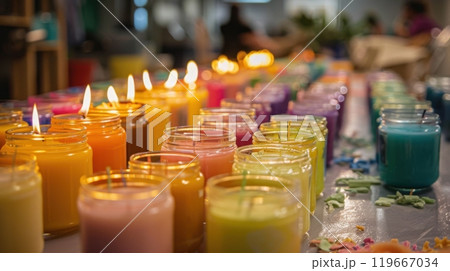 All Saints' Day. Row of colorful scented candles in jars on table. 119667034