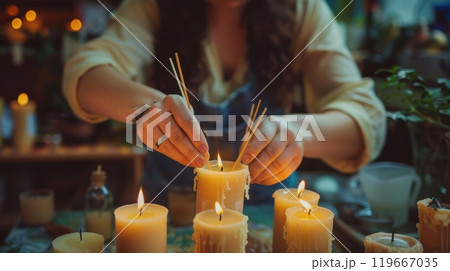 All Souls' Day. Hands arranging incense sticks into lit candles for spiritual ritual. 119667035