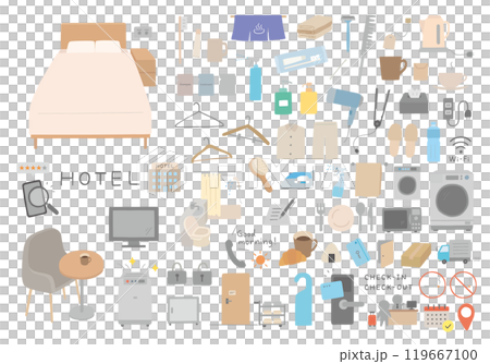 ホテルのアメニティや設備などの手描きイラストセット（カラー/主線なし） 119667100