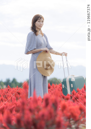 コスモス畑に立つ女性 コスモス畑に立つ女性 119667374