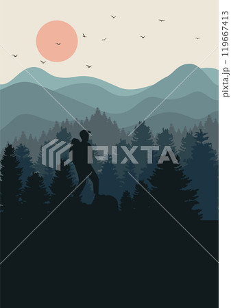 Forest nature landscape background with mountains. Concept of discovery, explorer hiking, adventure 119667413