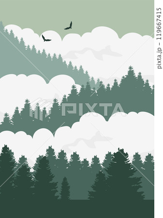 Abstract winter landscape postcard composition. Mountains forest cloudscape flat illustration 119667415