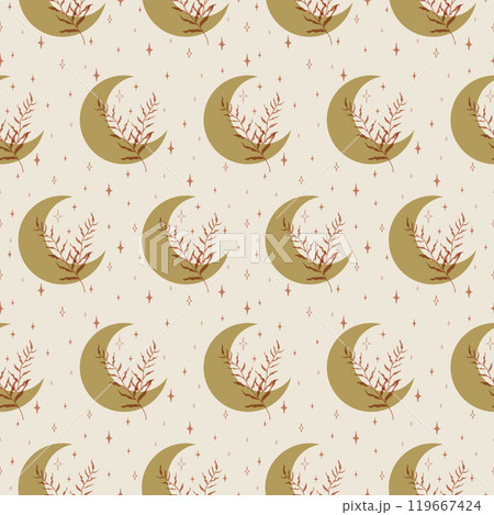 Floral seamless pattern neutral branch elements. Moon with leaf and stars pattern 119667424