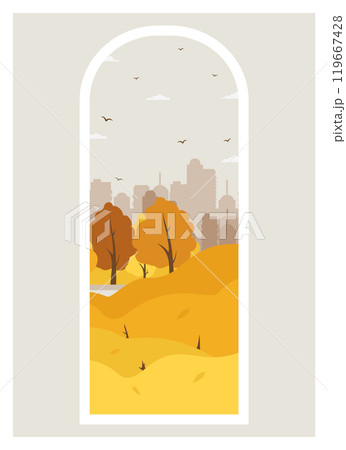 Autumn city park scene view illustration. Parkland trail with trees and bushes with falling leaves Autumn city park scene view illustration. Parkland trail with trees and bushes with falling leaves 119667428