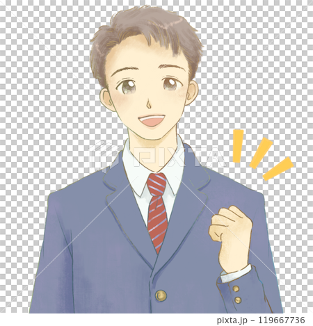 制服を着てガッツポーズをする笑顔の男の子のイラスト ブレザー 制服を着てガッツポーズをする笑顔の男の子のイラスト ブレザー 119667736
