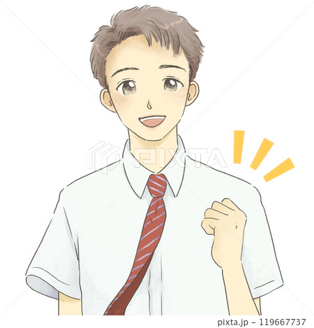制服を着てガッツポーズをする笑顔の男の子のイラスト　半袖 119667737