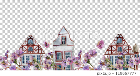 Old European city town street houses facades, bergenia flower. Historical cityscape building. Watercolor hand drawn seamless banner. Tourist shops, souvenirs, travel brochures, architectural bureau 119667777