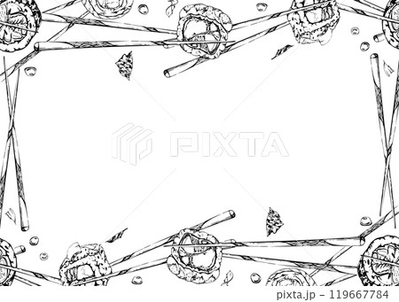 Japanese food sushi rolls on chopsticks with raw fish salmon unagi tuna shrimp, california philadelphia alaska, hand drawn in vector pen and ink. Border frame for restaurant, cafe menu, recipe book 119667784
