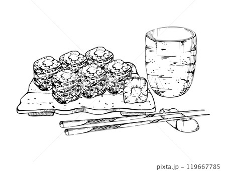 Japanese food maki sushi roll set on ceramic plate, matcha tea, chopsticks. Raw fish salmon tuna cucumber kappa wasabi, hand drawn in vector pen, ink. Illustration restaurant, cafe menu, recipe book 119667785