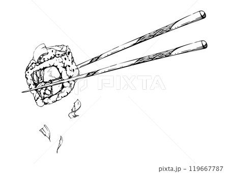 Japanese food sushi rolls on chopsticks with raw fish salmon avocado tuna sesame, california philadelphia alaska, hand drawn in vector pen and ink. Illustration for restaurant, cafe menu, recipe book 119667787