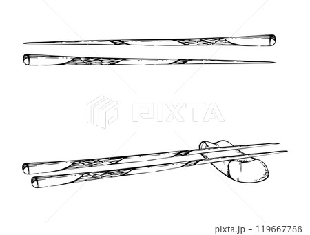 Japanese Chinese chopsticks on rest, wood bamboo plastic lacquered utensils for eating cooking, hand drawn in vector pen and ink. Illustration for restaurant, cafe menu, kitchen print, recipe book 119667788