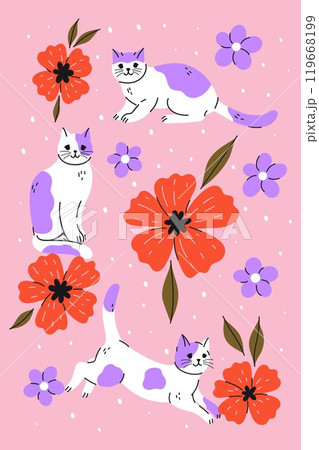 Poster or postcard with cute cats and flowers. Vector graphics. Poster or postcard with cute cats and flowers. Vector graphics. 119668199