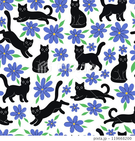 Seamless pattern with cute black cats and blue flowers. Vector graphics. 119668200