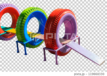 children's playground with a variety of play structures. The playground is surrounded by grass and trees children's playground with a variety of play structures. The playground is surrounded by grass and trees 119668330