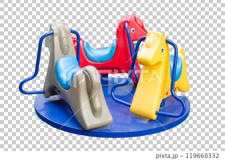 children's playground with a variety of play structures. The playground is surrounded by grass and trees 119668332