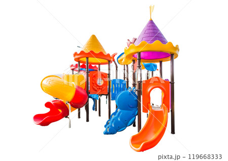 children's playground with a variety of play structures. The playground is surrounded by grass and trees 119668333