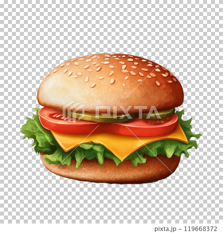 Generative ai illustration Cartoon Of a Cheeseburger with Lettuce Tomato and Cheese 119668372