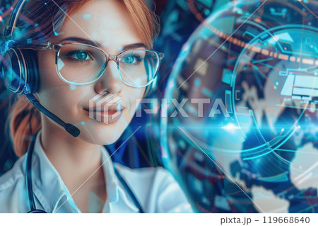A customer service rep online chats with clients in modern virtual environment 119668640