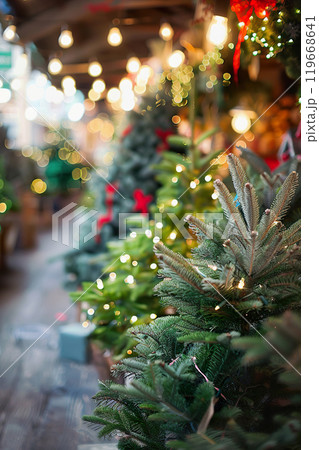 Christmas trees for sale in a festive market filled with lights and decorations. 119668641