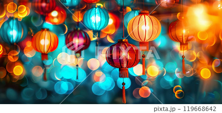 Colorful Chinese lanterns illuminate a festive celebration during the holiday season at night. 119668642