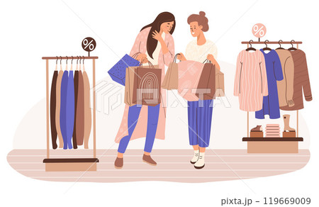 Shopping in store. Happy women girlfriends buyers with packages near store rack with fashionable clothes on hangers and things. Vector illustration. Holiday female shopper, purchase, Black Friday. Shopping in store. Happy women girlfriends buyers with packages near store rack with fashionable clothes on hangers and things. Vector illustration. Holiday female shopper, purchase, Black Friday. 119669009
