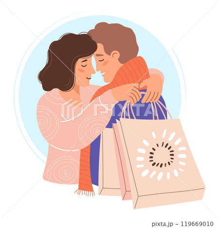Happy couple hugging with holiday paper shopping packages. Vector illustration. Concept buyer and holiday shopping. 119669010
