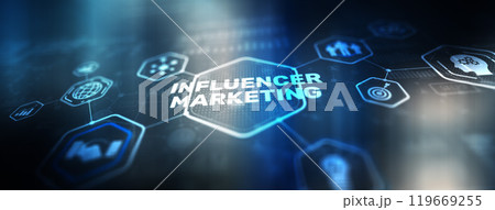 Influencer marketing concept. Promotion of goods or services through influencers Influencer marketing concept. Promotion of goods or services through influencers 119669255
