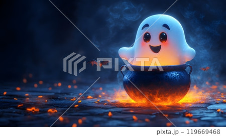 A 3D cartoon Halloween design with a ghost, a bat, and a cauldron, ideal for spooky greeting cards. 119669468