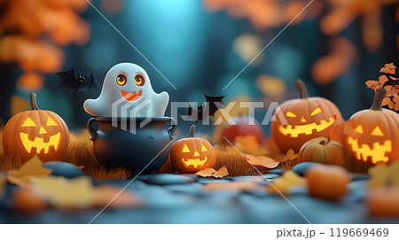 A 3D cartoon Halloween design with a ghost, a bat, and a cauldron, ideal for spooky greeting cards. A 3D cartoon Halloween design with a ghost, a bat, and a cauldron, ideal for spooky greeting cards. 119669469