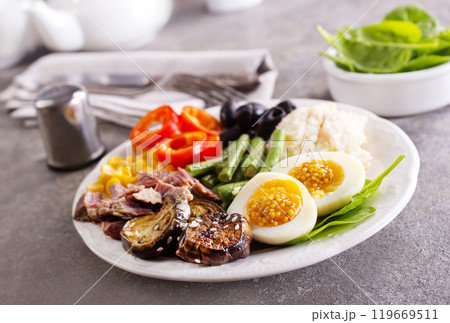 fresh breakfast, boiled eggs with rice meat and vegetables fresh breakfast, boiled eggs with rice meat and vegetables 119669511